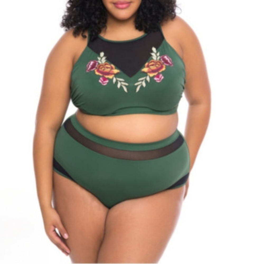 Boutique Plus Green Mesh Floral Applique 3X Bikini Top Underwire G-2006